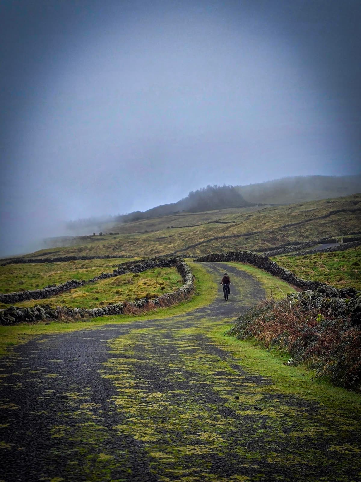 Rider on a moss-covered road between stone walls, in the fog